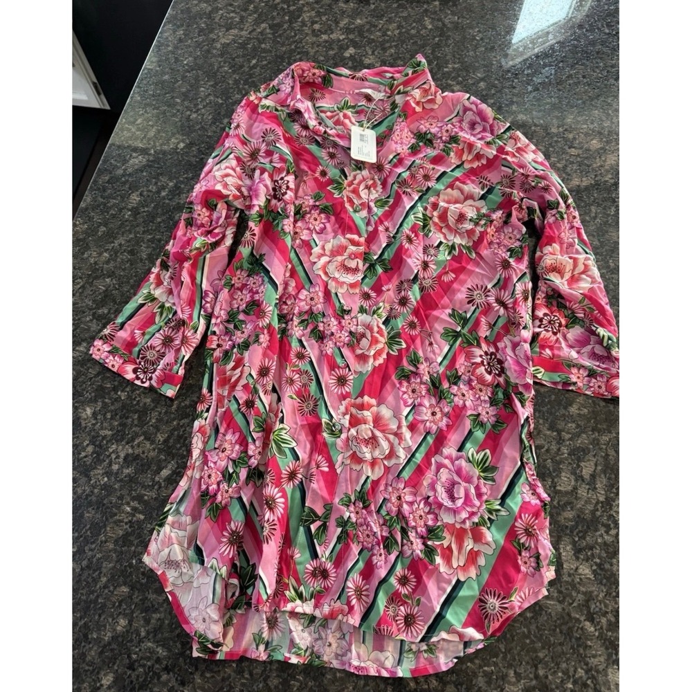 Johnny Was Bocardi Button Down Shirt Dress Floral Pink Green CSW7924-N Large